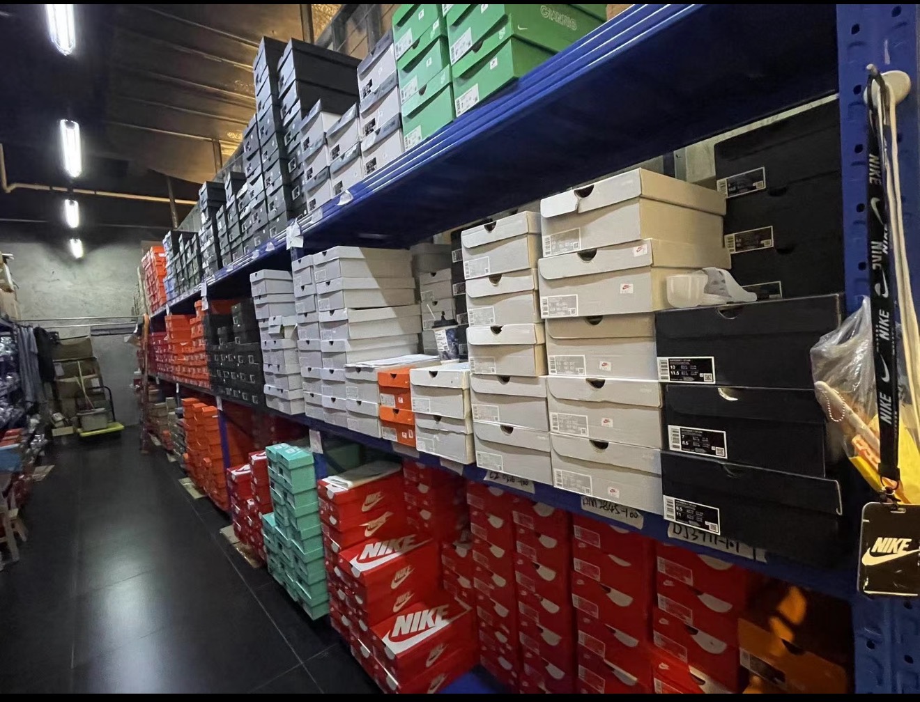 Shelving and packed goods in a stock area